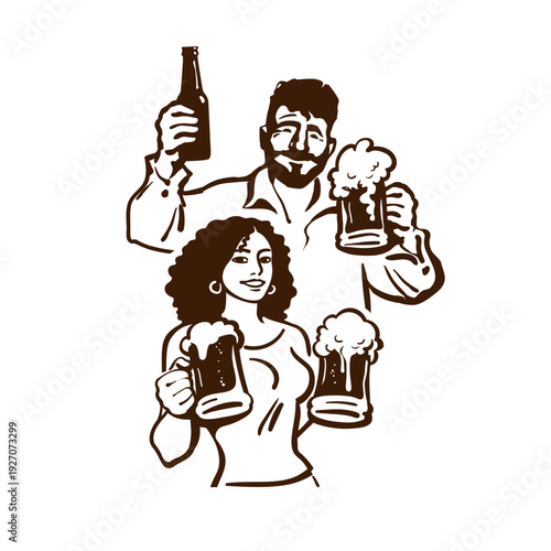 Happy couple enjoying beer party.