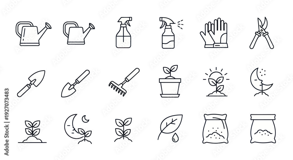Fototapeta premium Gardening Icons: Tools, Plants, Growth, Water, Sun, Moon, Soil