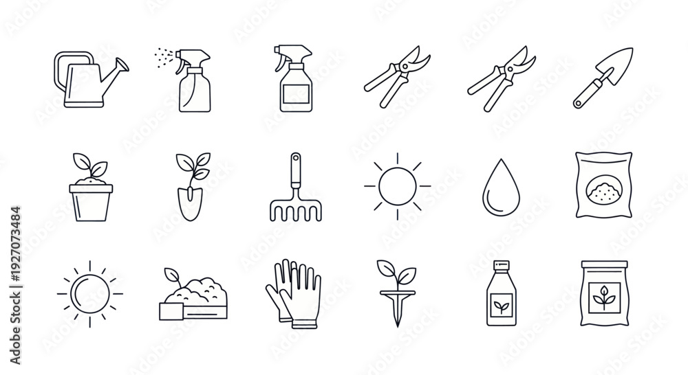 Fototapeta premium Gardening Icons Set: Watering Can, Sprayer, Tools, Plants, Sun, Seeds