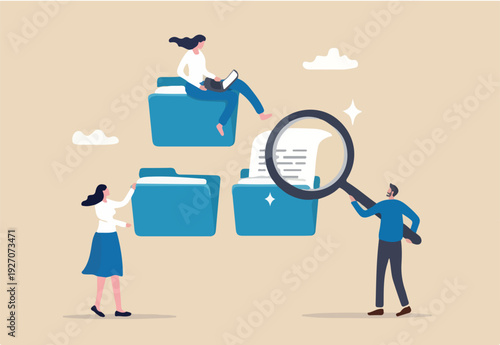 Document, content or research paper, documentation file folder storage, report or paperwork, search or file archive, office contract concept, business people working with paper document file folder.