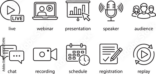 Webinar and online presentation vector icons set, flat design style, scalable graphics