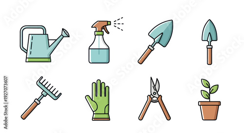 Gardening Tools Set Flat Icons: Watering Can, Sprayer, Trowels, Rake, Gloves, Shears, Plant
