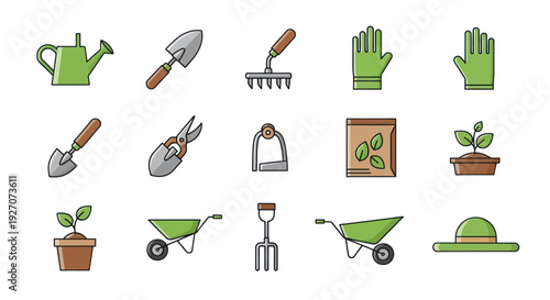 Gardening Tools Icons Set: Watering Can, Shovel, Rake, Gloves, Pruners, Wheelbarrow