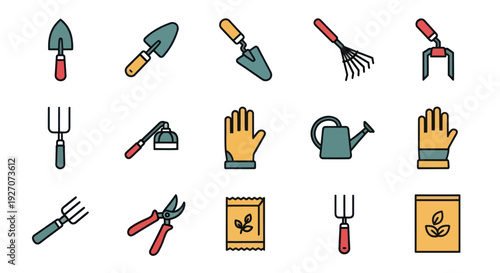 Gardening Tools Icons Set: Shovel, Rake, Trowel, Pruners, Watering Can, Gloves