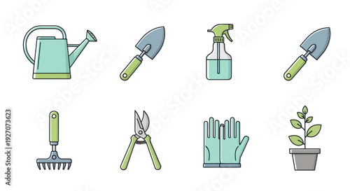 Gardening Tools Set Flat Icons: Watering Can, Trowel, Sprayer, Rake, Pruners