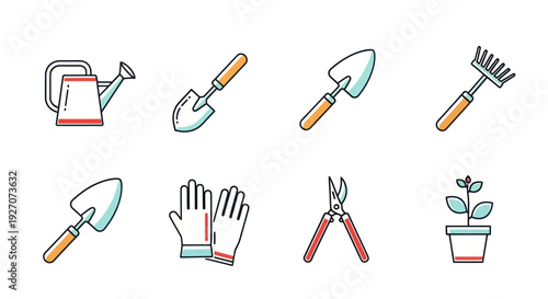 Gardening Tools Icons: Watering Can, Shovel, Trowel, Rake, Gloves, Secateurs, Plant