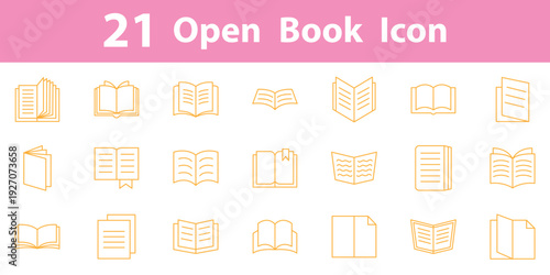 21 set of line book icon. Open book flat icon vector collection for learning library and reading apps. Simple line vector illustration.