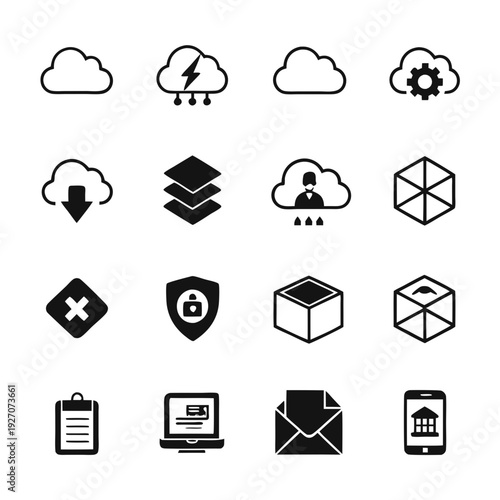 Set of black and white tech and business icons