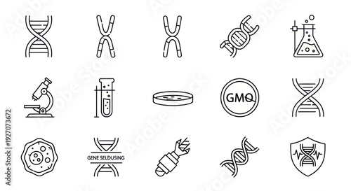 Genetics and Science Icons: DNA, Microscope, Lab Equipment, Cell, GMO