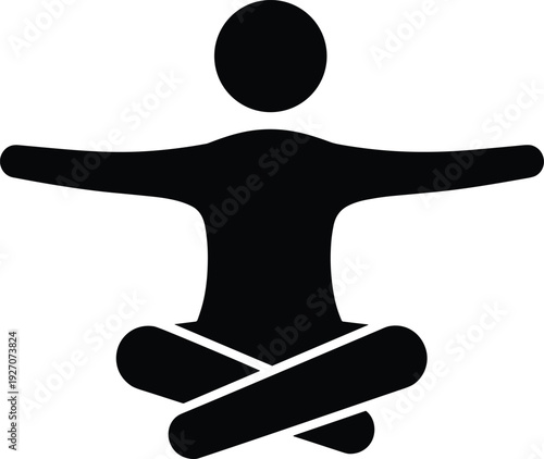 Meditation pose silhouette icon, person sitting cross legged with open arms isolated on white background for yoga and mindfulness concept