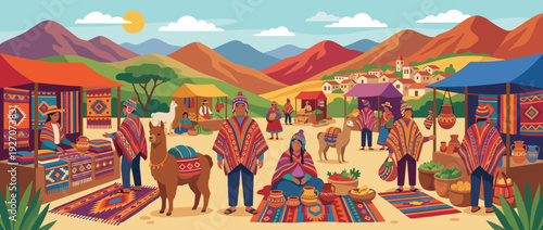 Vibrant flat vector illustration of a traditional Peruvian Andes market with people in colorful ponchos and chullos selling handmade textiles, pottery, and produce with alpacas and mountains.