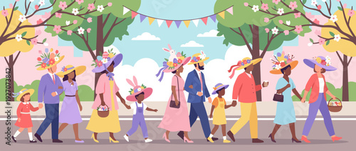 Flat vector illustration of a colorful Easter bonnet parade with people wearing creative hat designs decorated with flowers, eggs, and bunnies in a festive spring park setting with blossoms.