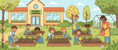 Diverse group of happy children and teachers gardening together in a school backyard. Kids planting seedlings in raised wooden beds, watering flowers, and learning about nature in spring.