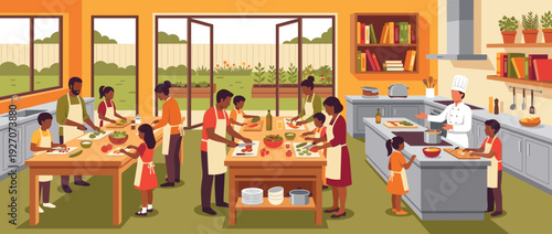 Vibrant flat vector illustration of a modern community kitchen where diverse families and children participate in a culinary workshop led by a professional chef, learning healthy meal preparation.
