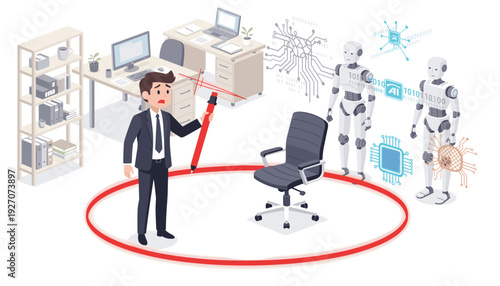 Businessman drawing a red circle around his office chair to protect his job from robots and artificial intelligence, concept of AI replacing human workers and job security in the workplace.
