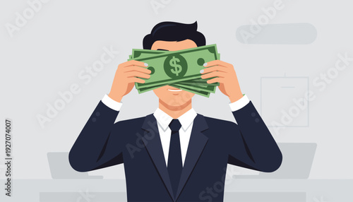 Businessman in a Suit Holding a Fan of Cash Money Dollar Banknotes Covering His Eyes, Concept of Bribery, Corruption, Greed, and Being Blinded by Wealth in a Corporate Office Setting Vector.