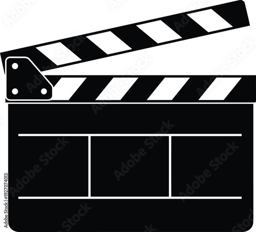 Movie clapperboard silhouette icon, film production slate illustration isolated on white background for cinema and video production 
