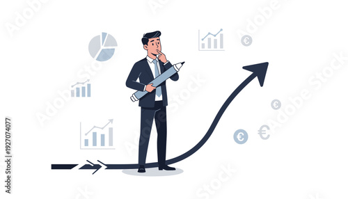 Businessman in Suit Making Strategic Decision to Change Direction for Business Growth Concept with Upward Arrow Financial Charts and Euro Symbols Vector Illustration for Career Success Planning