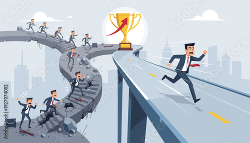 Businessman Running on Smooth Highway Toward Golden Trophy While Others Struggle on Broken Winding Path Full of Obstacles, Concept of Easy Shortcut Versus Hard Way to Business Success.