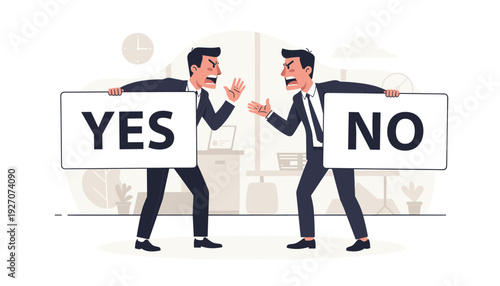 Two angry businessmen in suits arguing and shouting while holding signs with YES and NO. Concept of business dispute, conflict of interest, disagreement, and opposing opinions in office setting.