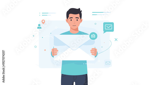 Man Holding Large Envelope Representing Email Communication and Digital Messaging, Flat Vector Illustration for Online Correspondence, Electronic Mail Services, and Business Communication Concept