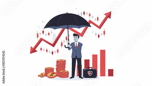 Businessman Holding Umbrella for Financial Protection During Economic Crisis and Stock Market Crash, Concept of Defensive Stocks, Risk Management, and Investment Safety in Volatile Economy