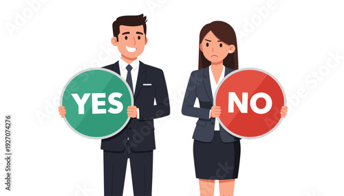 Vector Illustration of a Smiling Businessman Holding a Green Yes Sign and an Angry Businesswoman Holding a Red No Sign, Representing Decision Making, Conflict, Choice, and Feedback Concept