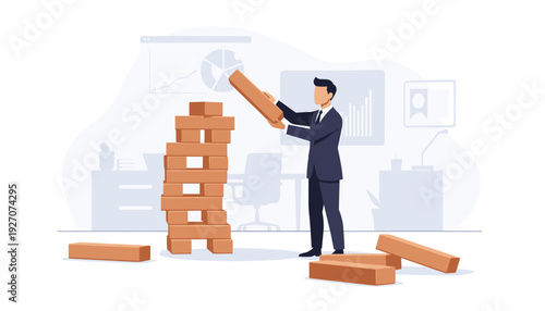 Businessman in Suit Carefully Placing Wooden Block on Unstable Tower for Risk Management Concept, Strategic Planning, Business Stability, and Decision Making in Professional Office Environment.