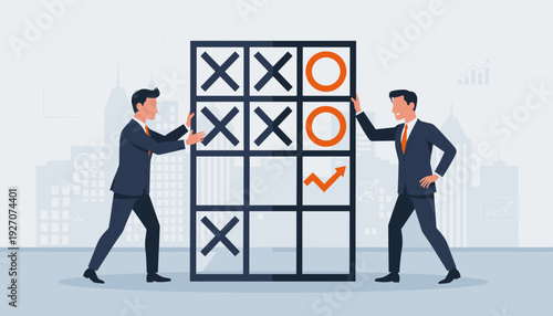 Business Strategy and Competition Concept with Two Businessmen Playing Tic-Tac-Toe Game on a Large Grid, Featuring City Skyline and Financial Charts for Success, Decision Making, and Growth.