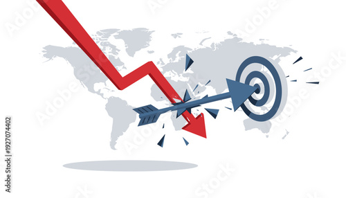Global Economic Crisis and Financial Recession Concept with Red Downward Graph Arrow Breaking a Blue Arrow Hitting a Target on World Map Background, Symbolizing Market Crash and Failed Goals