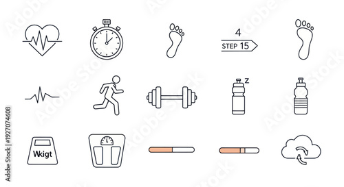 Fitness and Health Icons: Heartbeat, Stopwatch, Footprints, Dumbbell, Water Bottle, Scale