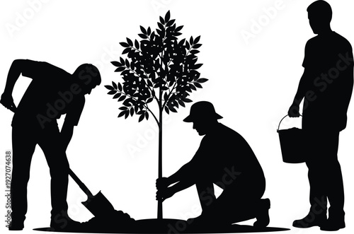 Silhouette of volunteers planting tree together, environmental conservation teamwork illustration isolated on white background for sustainability concept