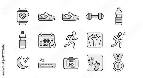 Fitness Icons Set: Health, Workout, Sport, Diet and Lifestyle Vector Graphics