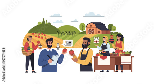 Farmer Interview and Agricultural Reporting Illustration. Local Produce, Sustainable Farming, and Food Communication.