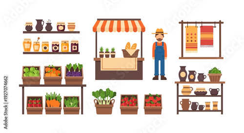 Local Farmer's Market Stall Elements Vector Set. Fresh Produce, Vendor Character, Honey, Jams, Pottery, and Organic Food Icons Collection.
