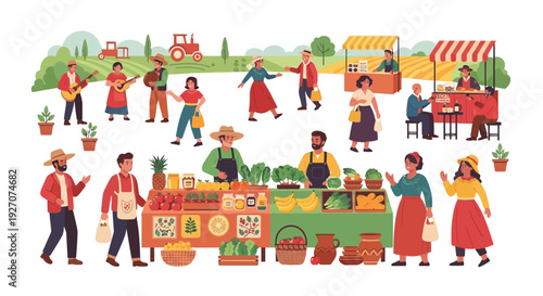 Vibrant Farmers Market Illustration. Flat Vector Scene with Vendors, Customers Buying Fresh Produce, Food Stalls, and Live Music in Rural Setting.