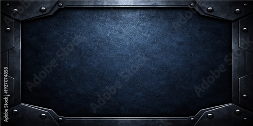 A macro closeup of a silver metal background plate with rivets features a black leather fashion texture and an open metal zipper fastener