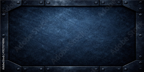 A vintage brown leather suitcase with a textured grunge finish and antique locks rests against a weathered blue metal background reinforced with industrial rivets