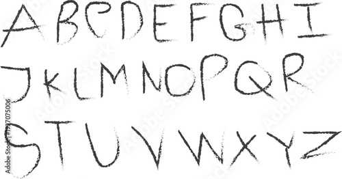 Handwritten alphabet letters A-Z in a rough, chalky style on a white background