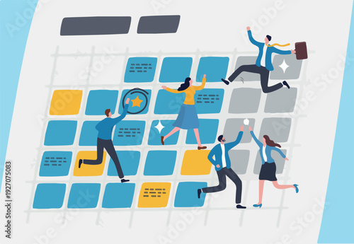 Calendar plan or office appointment, meeting agenda, professional project timeline, planner or schedule, event reminder, date or deadline concept, business people employee on schedule calendar