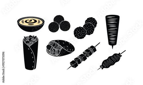 Black and white illustration of various middle eastern and mediterranean foods