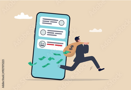 Call center fraud or scam stealing money from mobile banking application, fake phone call or financial crime, phishing or financial threat concept, scammer thief steal money from mobile banking app