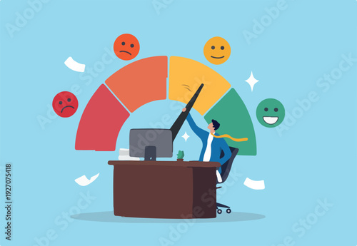 Job satisfaction, work environment wellbeing, office quality happiness, work life balance score rating, career growth or workload concept, businessman working at office desk with satisfaction rating.
