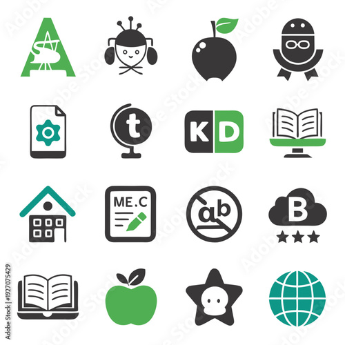 Educational Icon Set with Green Accents for Design