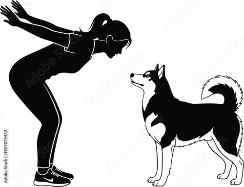 Woman training dog silhouette illustration, pet obedience session isolated on white background for animal care and companionship concept