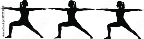 Women practicing warrior yoga pose silhouette set, fitness exercise illustration isolated on white background for healthy lifestyle concept