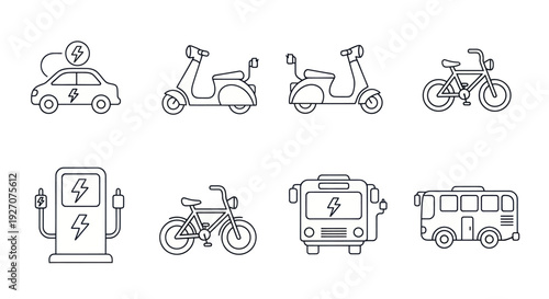 Electric Vehicle Icons: Car, Scooter, Bicycle, Bus, Charging Station