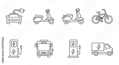 Electric Vehicle Icons: Car, Scooters, Bike, Bus, Truck, Charging Stations