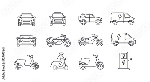 Electric Vehicle Icons: Cars, Motorcycles, Scooters, Van, Charger