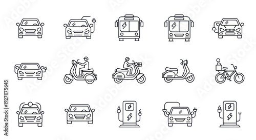 Electric Vehicle Icons: Cars, Buses, Scooters, Bikes, and Charging Stations